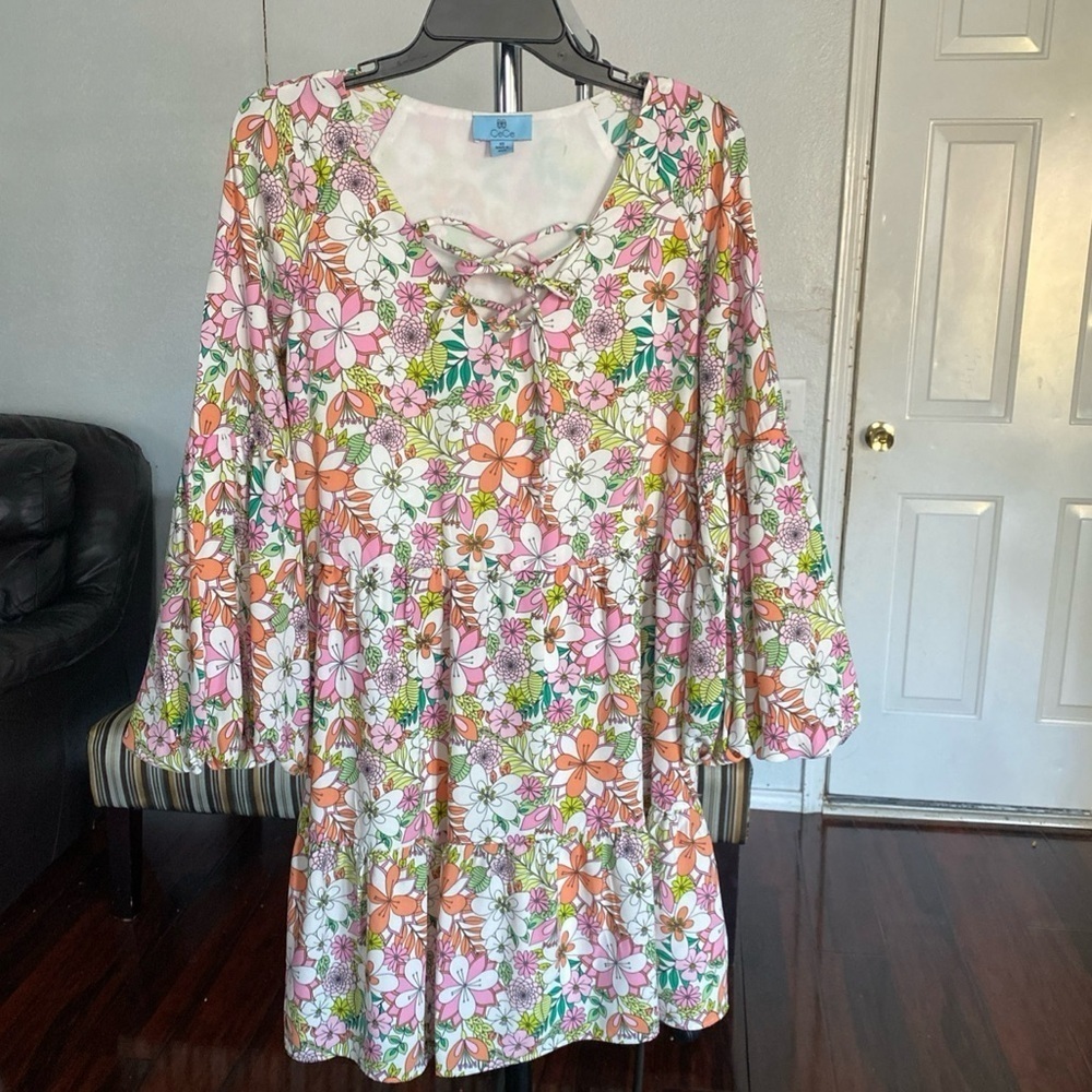 CeCe Floral Printed Lace-Up Tiered Dress S XS Balloon Sleeve Lined boho  W-21 - Picture 4 of 8
